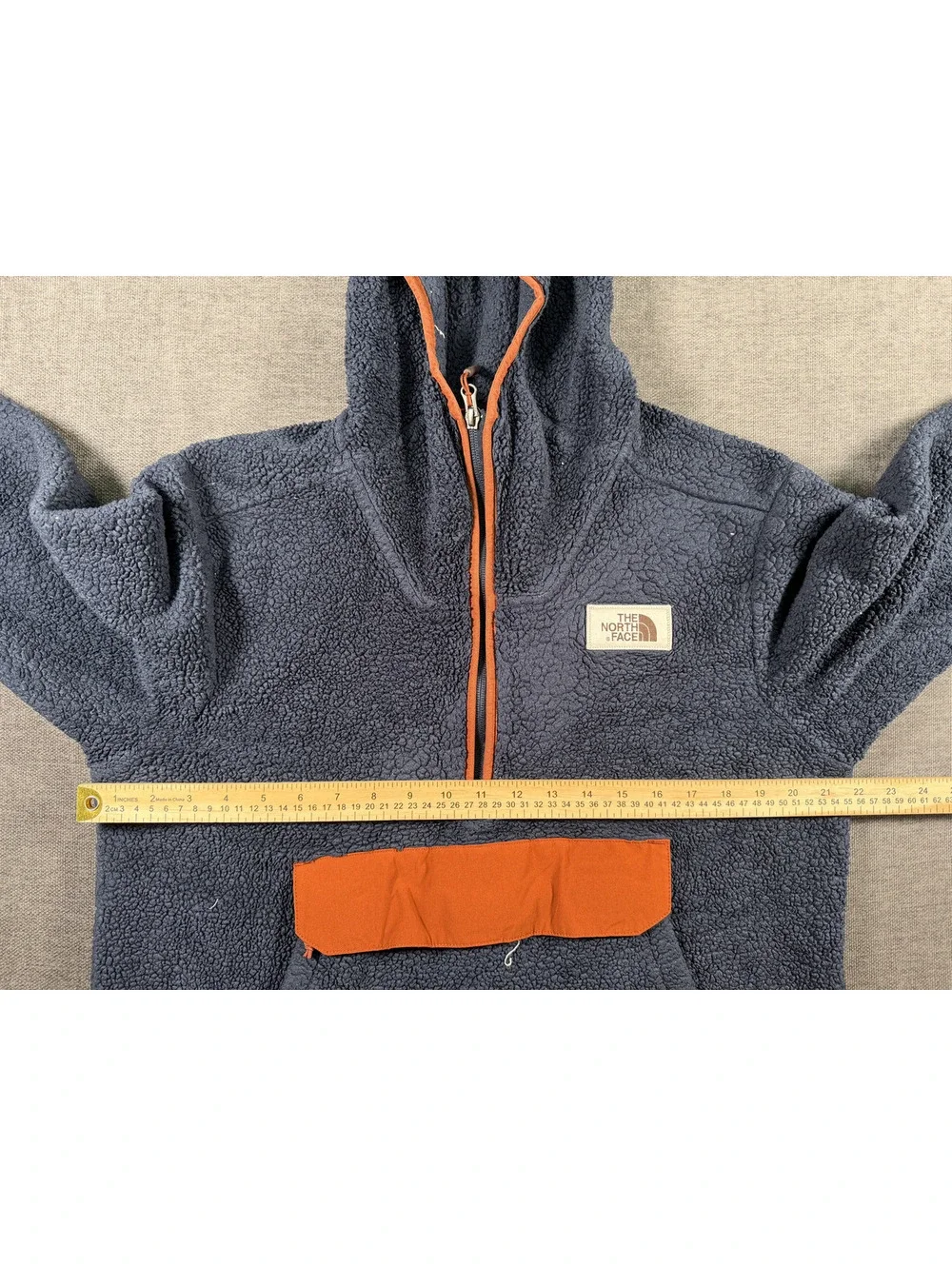 The North Face Men's Hooded Fleece Pullover Jacket Navy Blue and Orange M